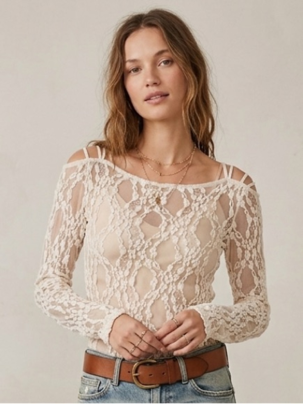 Free People Intimately Free Sz M Sheer Cream Lace Long Sleeves Boho Top